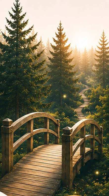 Un pont de bois traverse une forêt de conifères éclairée par le soleil levant