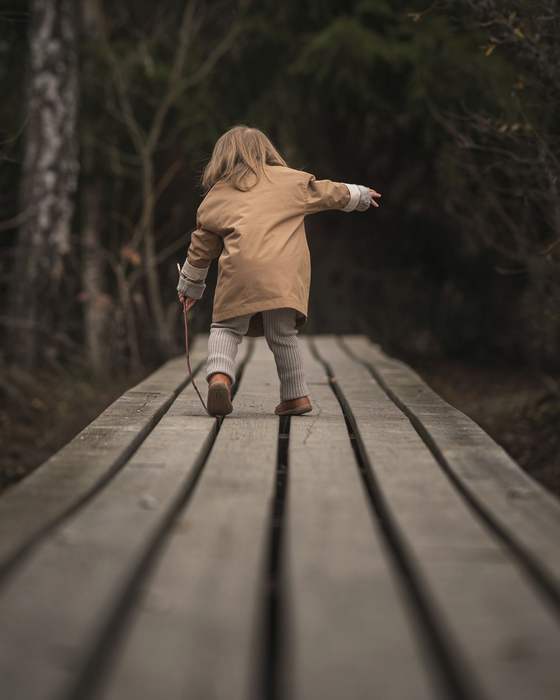 Un enfant traverse une passerelle de bois en forêt, les bras ouverts pour garder l'équilibre